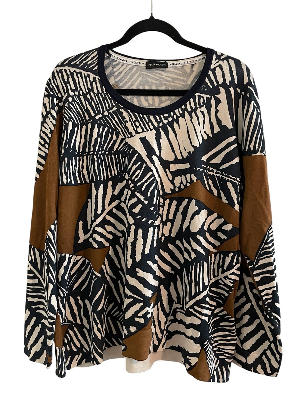 PER TE BY KRIZIA Black Cream Brown Abstract Leaf Long Sleeve Pullover Top XL